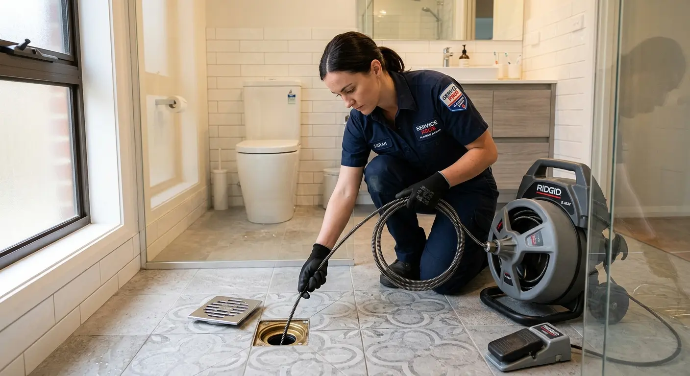 Technician clearing a bathroom floor drain for Sewer Line Installation in Aztec